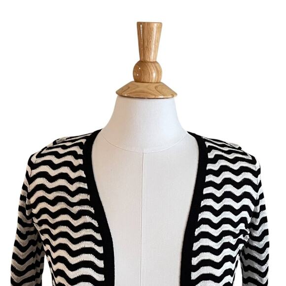 LOFT Lightweight Black & White Wavy Stripe Open Front Cardigan Sweater, XSP - Picture 3 of 13